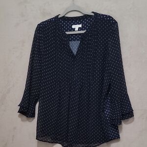 Charter Club Womens Small Pintuck Top Navy/White Print Sheer 3/4 Sleeve Sz L